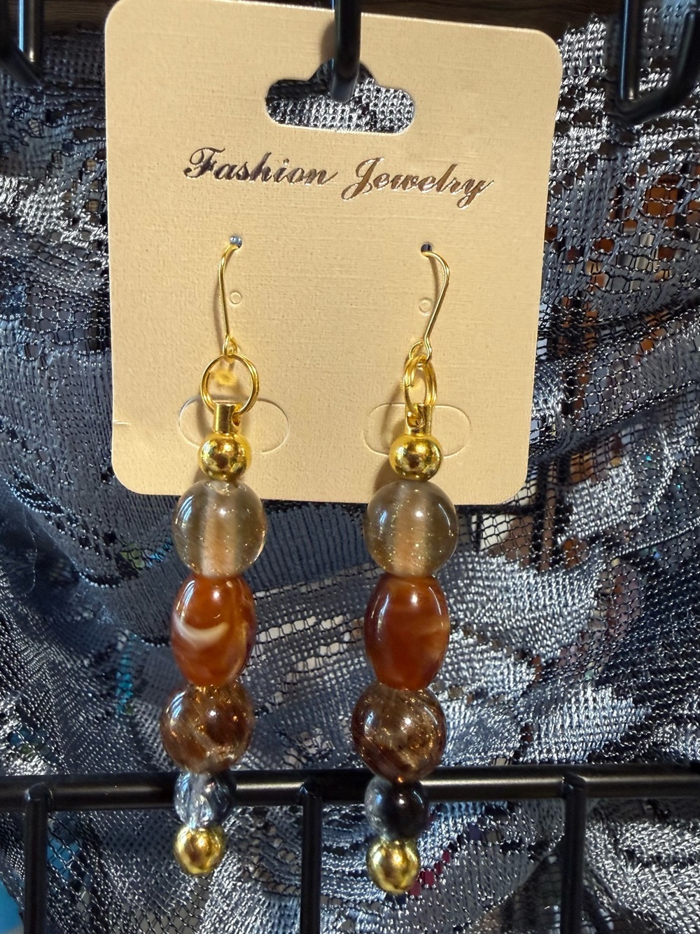Gold-Tone Brown Bead Drop Earrings